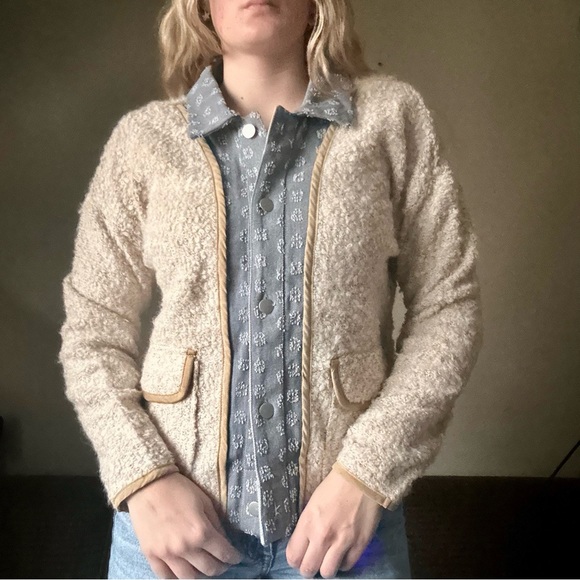 Mystree Cream Knit Jacket with Denim Floral Trim Size S Boutique - Picture 3 of 8